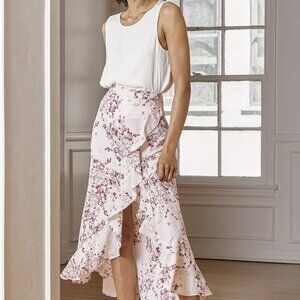 NWT Lulus Romance is Blooming Blush Pink Floral Print Ruffled Midi Skirt